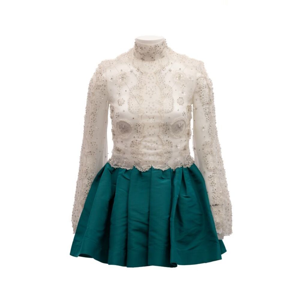 Valentino Garavani White Beaded Lace Mini Dress with Teal Women's Skirt